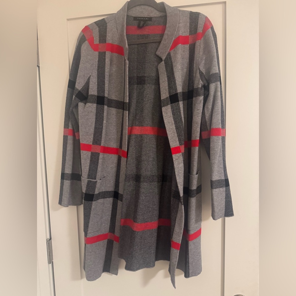 Tahari Windowpane Plaid Midi Cardigan Longline Duster Open Hanging Size M